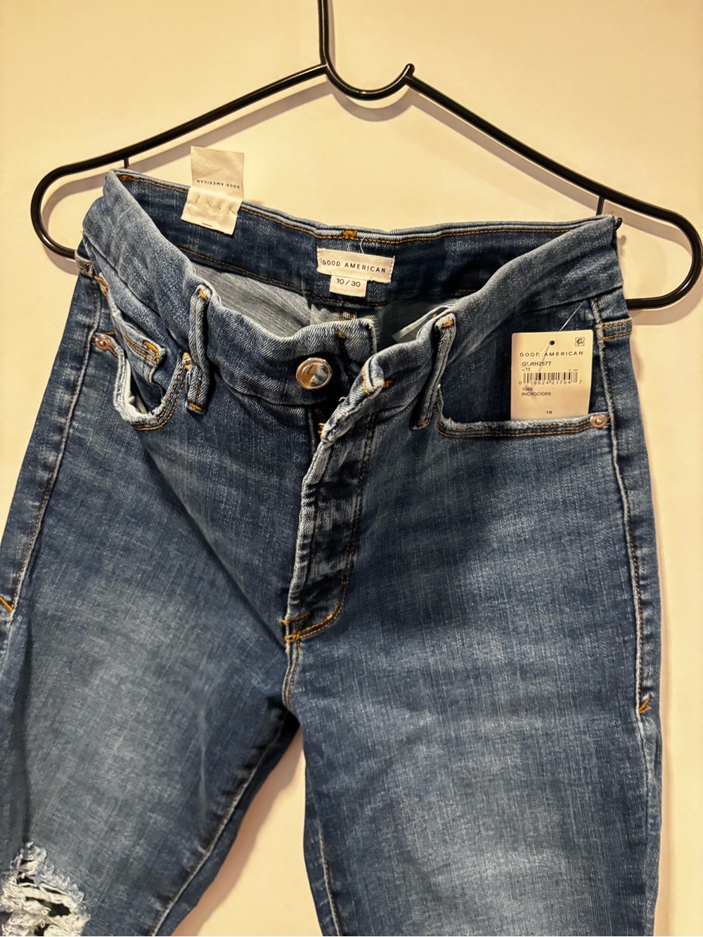 Good American High-Rise Distressed Jeans in Mid Blue